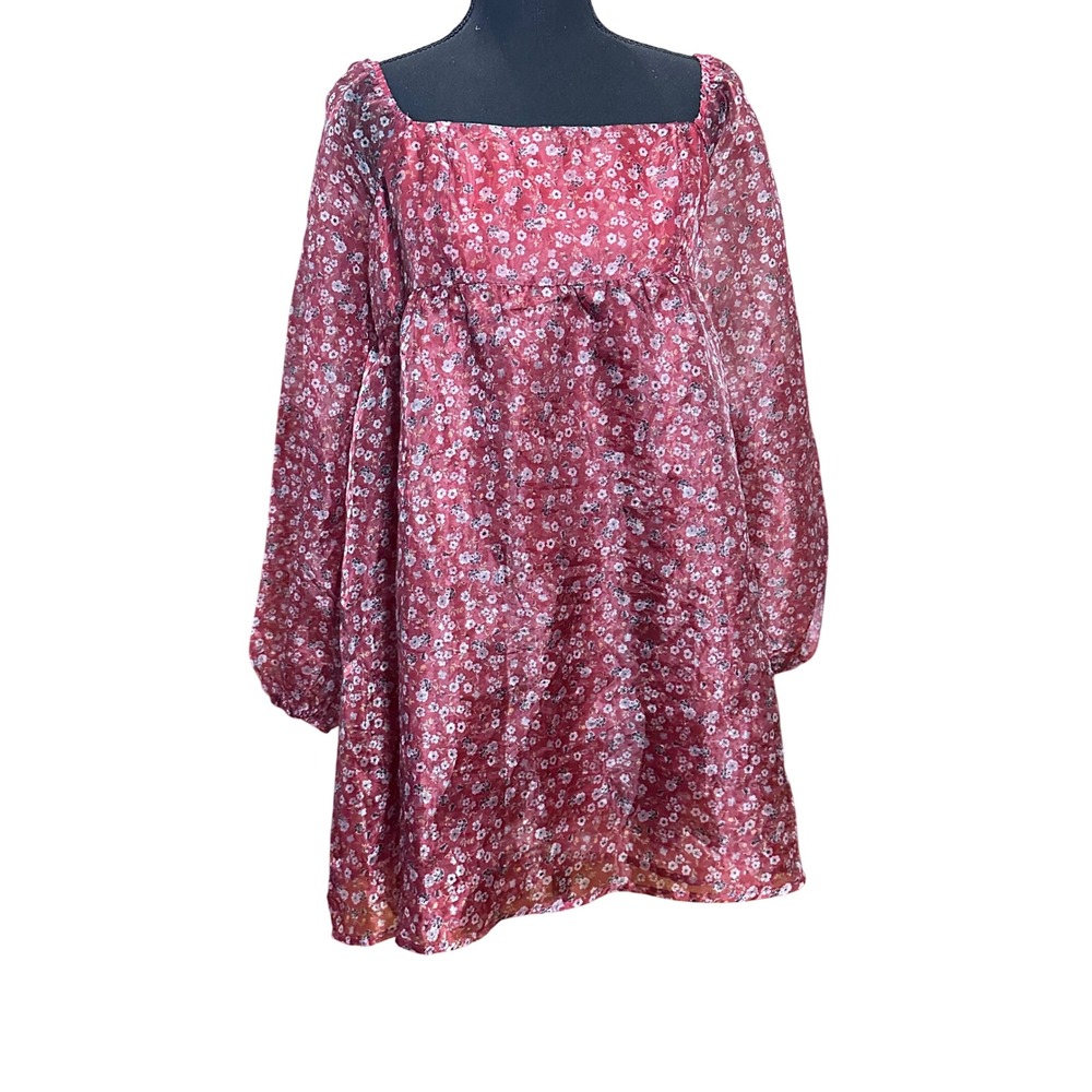 Altar'd State Burgundy Floral Babydoll Mini Dress Square Neck Long Sleeve L
